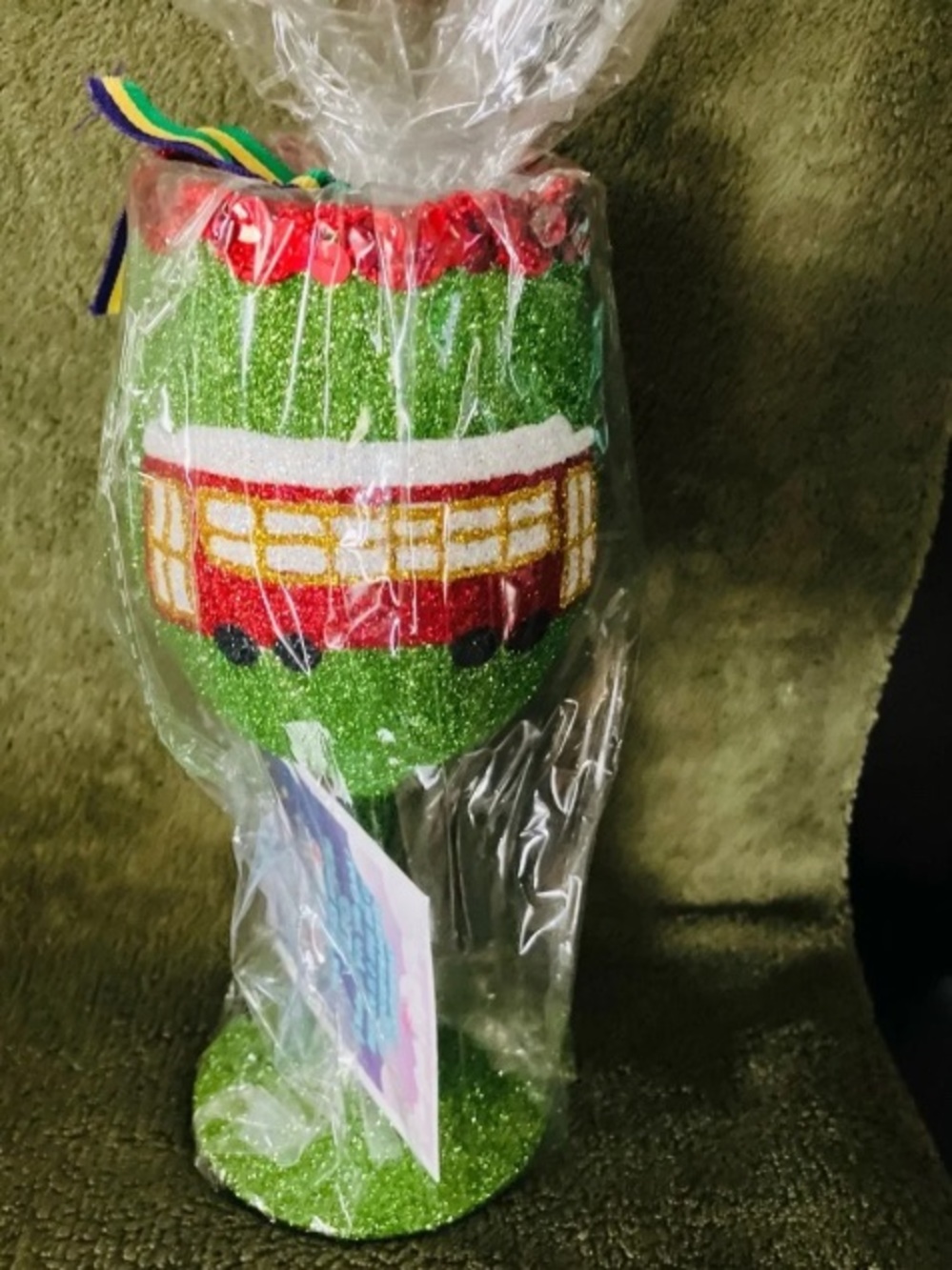 Green Glitter Holiday Goblet Ornament with Red Bus Detail